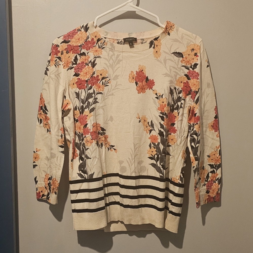 Talbots Floral Print Blouse - Cream, Orange, Yellow Size M